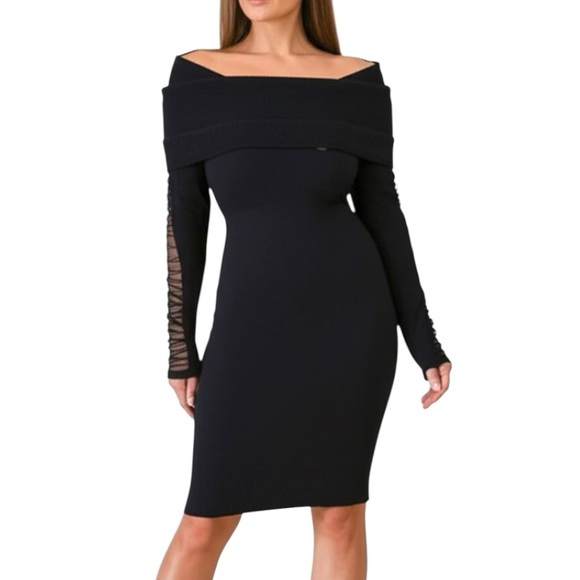 Y2K Bebe Mesh Sleeve Off the Shoulder Convertible Midi Sweater Dress Black Large - Picture 1 of 16